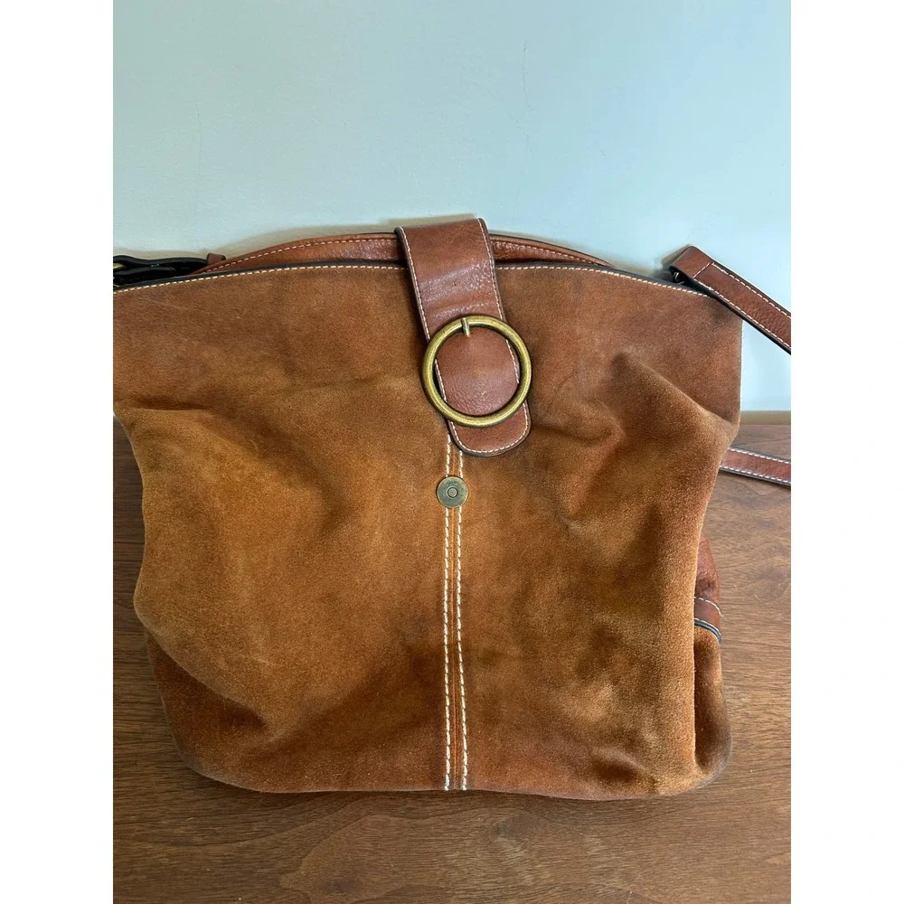Coco + Carmen Brown Suede Leather Hobo Crossbody Bag Brass Ring Accent